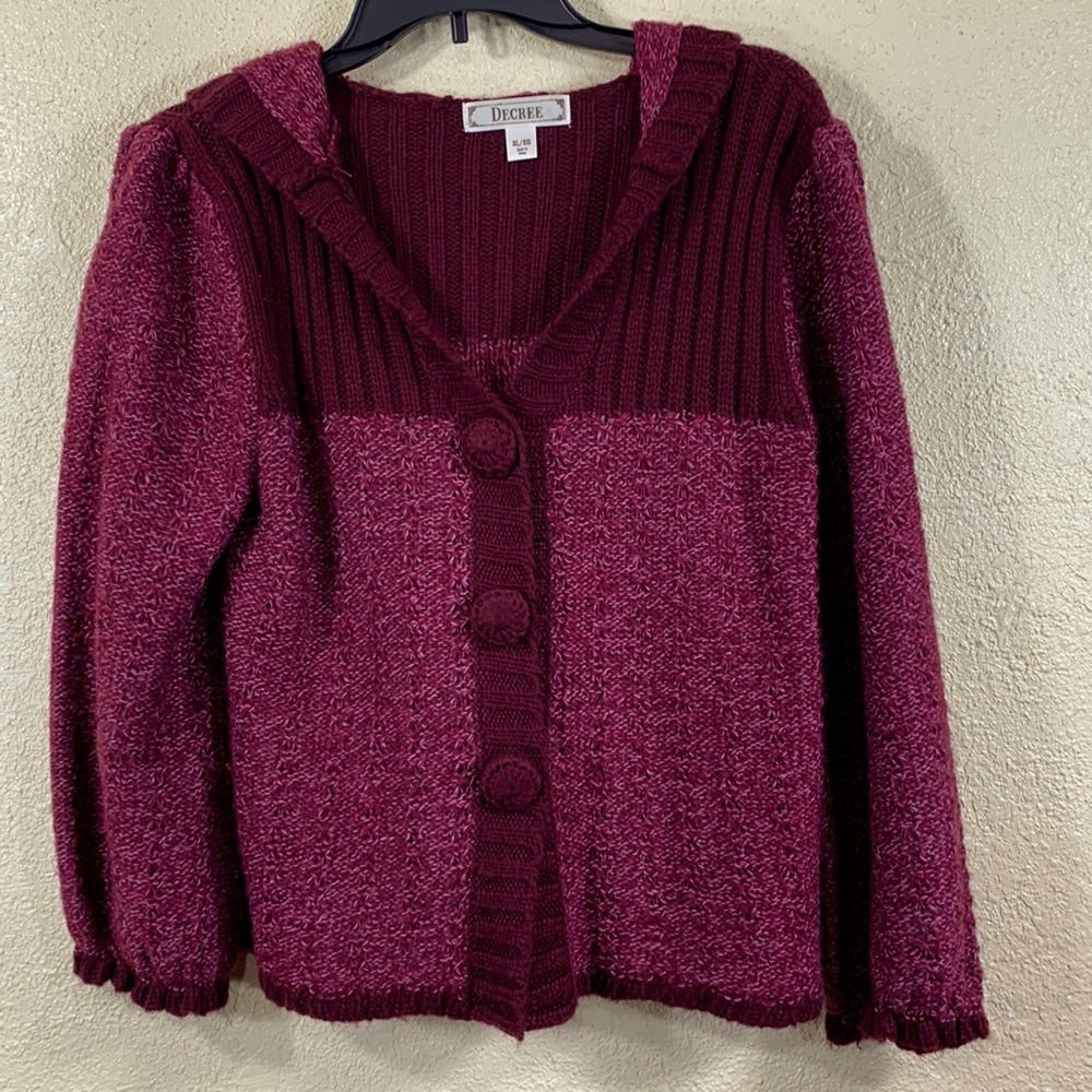 Decree Knit  Sweater Cardigan w/Hoodie Burgundy Red XL